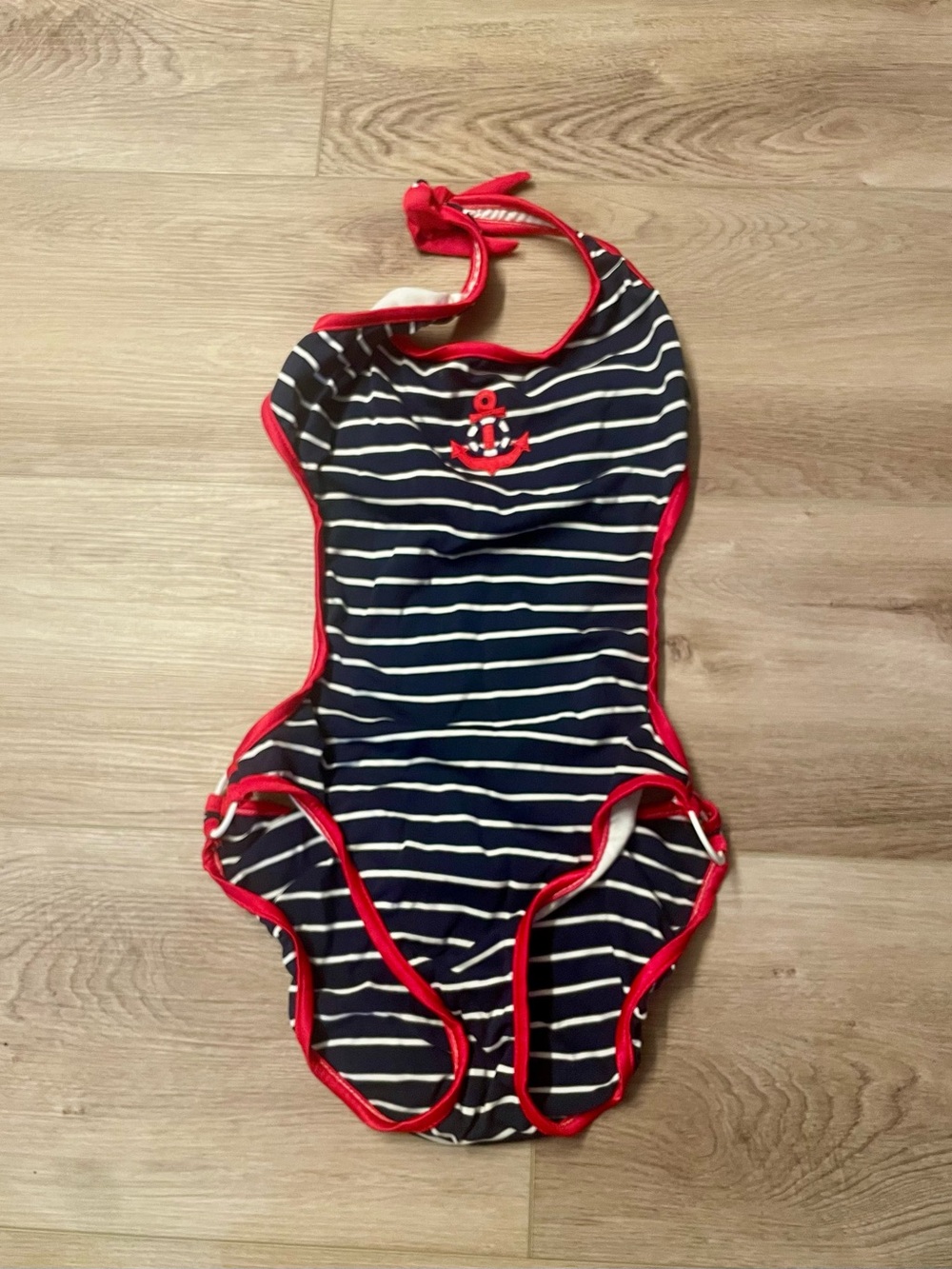 VENUS Navy & White Striped One-Piece Swimsuit with Red Trim